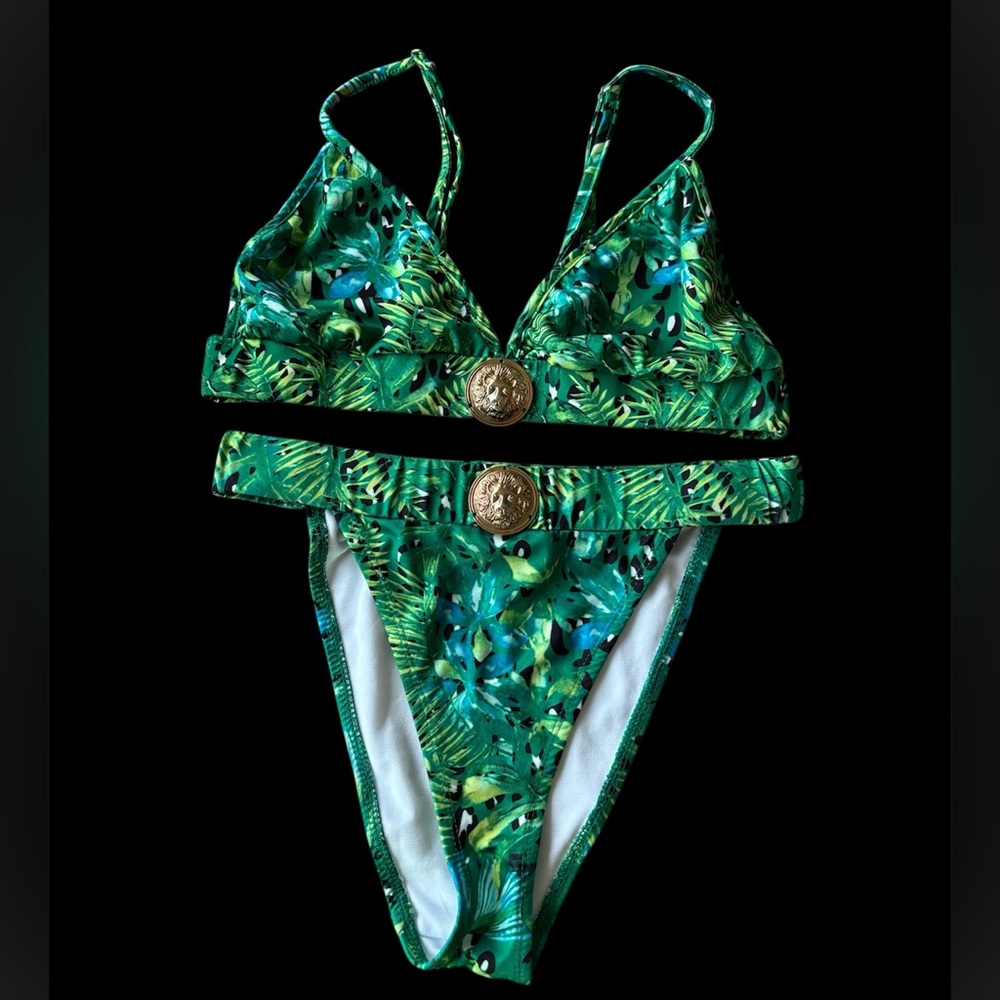 Green Tropical Print Bikini with Gold Accents designer inspired lion head 4 - Picture 1 of 7
